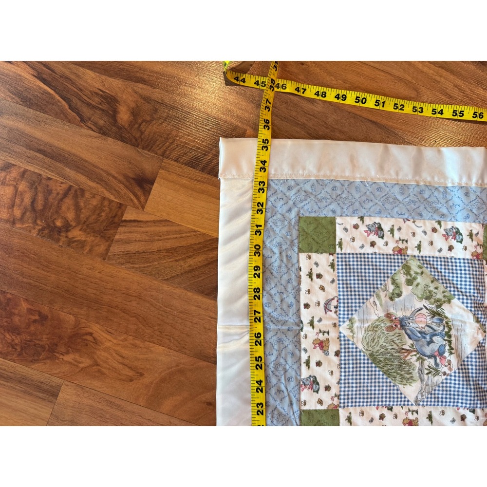 Disney Winnie the Pooh Baby Quilt Blue Tan Satin Trim Patchwork homemade crib - Picture 6 of 7